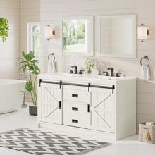 61" Farmhouse Double Bathroom Vanity With Dual Sinks - Storage Cabinet With Sliding Barn Doors & Drawers, Large Vanity Sink Combo Set - White - View 8