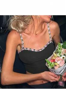 YOKASA Camisole Embroidered With Flowers - Black - View 1