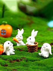 4 Pieces Set Of Charming White Rabbit Statues With Carrot And Mushroom Accents Perfect For Easter And Party Tabletop Decoration Plastic Is Perfect For Winter And New Year