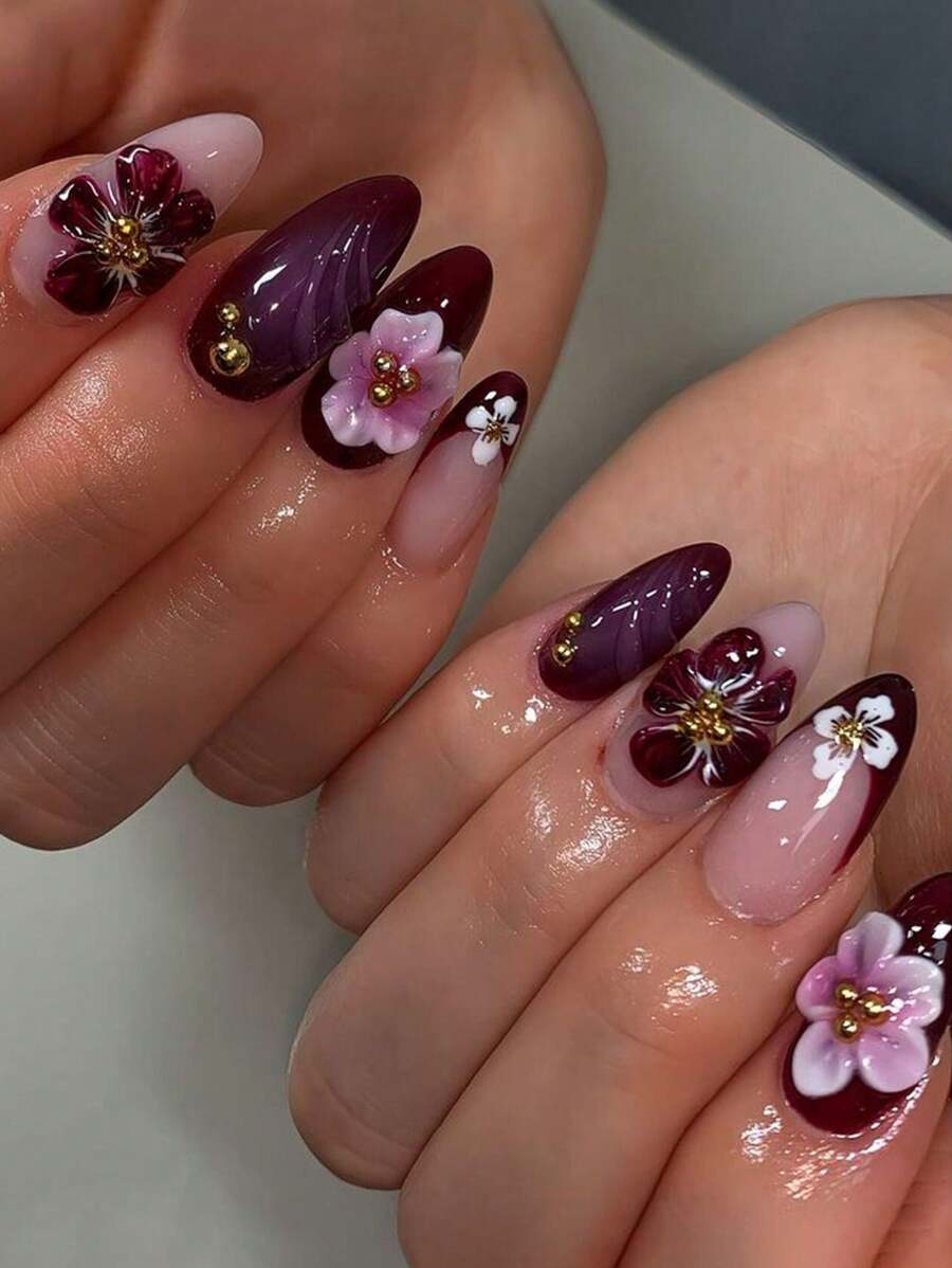 24 件 3D 紫色花朵压贴水晶指甲和 1 个指甲锉条 + 1 片果冻胶指甲用品指甲