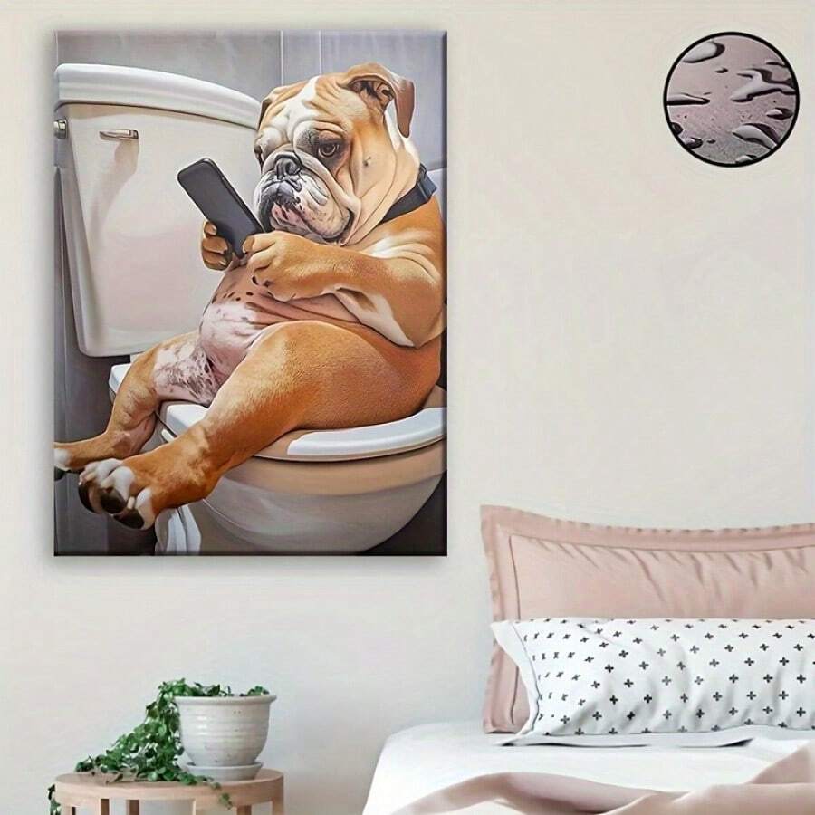 1 Canvas Painting Charming Bulldog On Toilet Art Wood Frame Painting (1) Thickness 2. 5 Cm/1 Inch - Perfect For All Occasions Home Decor, Independence Day, Mother's Day, Valentine's Day, Thanksgiving, Easter, Christmas Gift, Room Decoration Aesthetic, Wall Decoration Art, Perfect Gift, Fall And Winter Wall Decoration, Living Room Decoration, Bedroom Decoration, Kitchen Decoration, Entryway Decoration, Bathroom Decoration, Room Decoration, High Quality Wall Painting Poster, Modern Home Decor Stretched And Framed Ready To Hang, Framed - 彩色 - 查看 1