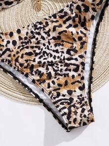 女士性感前卫豹纹金属装饰吊带泳衣（无肩带）比基尼，修身款，百搭女士泳衣，两件套，适合外出、海滩、度假、音乐节、海洋派对