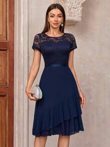 MIUSOL Contrast Floral Lace Chiffon Insert Ruffle Trim Cocktail Party A-Line Dress - Navy Blue - View 1