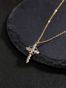 Hypoallergenic Copper - Based Gold - Plated Cross Necklace, Crown - Adorned, For Daily & Festive Wear, Set With Shimmering Cubic Zirconia