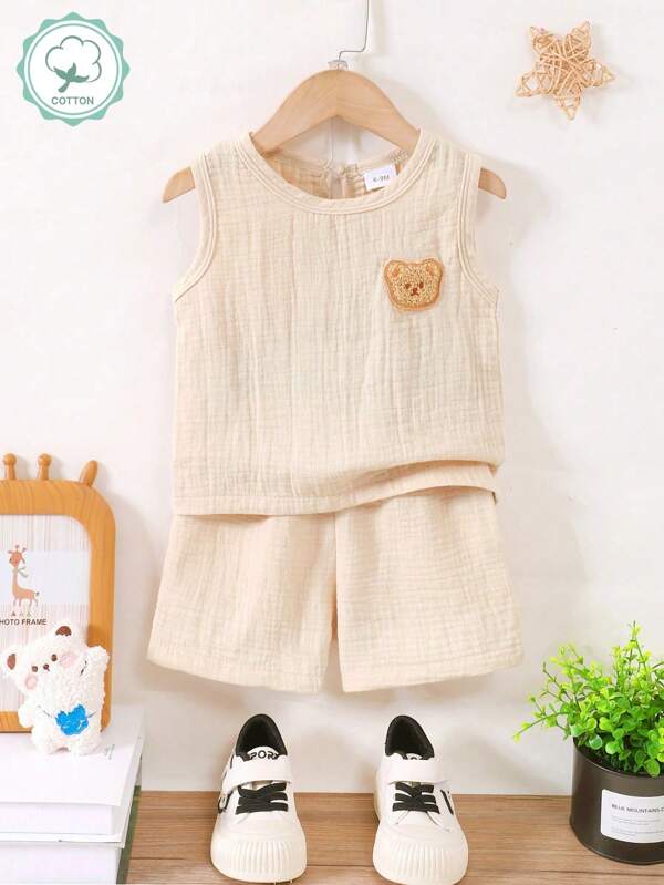Infant/Baby Boys 100% Cotton Gauze Round Neck Vest With Cute Bear Embroidery T-Shirt And Gauze Shorts Set, Suitable For Casual Outdoor Play, Summer