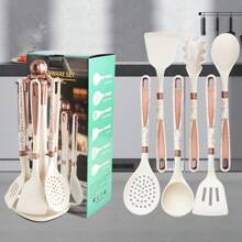 7 pièces d'ustensiles de cuisine en silicone antiadhésif, incluant un support de rangement, un set de cuisine avec spatule et cuillère à motif diamant, un coffret cadeau, incluant spatule, cuillère, et ustensile à spaghettis