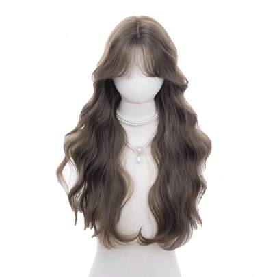 1 合成耐热、波浪假发棕色假发，26 英寸长，分叉刘海，由纤维制成，适合日常使用，减龄自然逼真假发（不含配件）