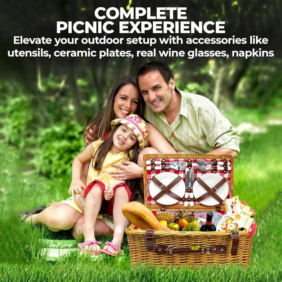 [Envíos locales] Cesta de picnic de exterior con asa, tejida aislada para 4 personas, incluye vajilla, copas de vino y manta, color azul y blanco - Rojo y blanco - Ver 1