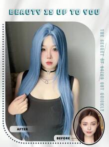 28英寸长直发浅蓝色合成蕾丝前假发，适合女性和女孩，耐热合成纤维假发，适合日常佩戴、万圣节、角色扮演、圣诞节、时尚女孩和其他场合。 - 霧霾藍 - 查看 4