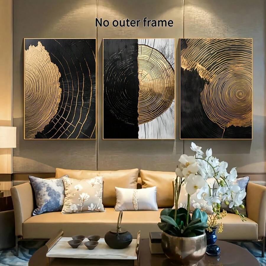 3pcs Set Minimalist Abstract Black & Golden Canvas Prints-Wall Art For Living Room, Bedroom, Hallway Decor, Perfect Gift Idea, High Quality Print 16*24inch*3 - 白色 - 查看 1