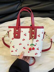 Bolso de mano elegante y lindo con estampado de cereza y dije de cereza, bolso de hombro/bandolera de moda casual adecuado para el uso diario