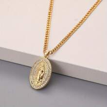 1pc Fashion Stainless Steel Men's Necklace With 18K Gold Plated Maria Pendant Inlaid With Diamonds - Gold - View 8