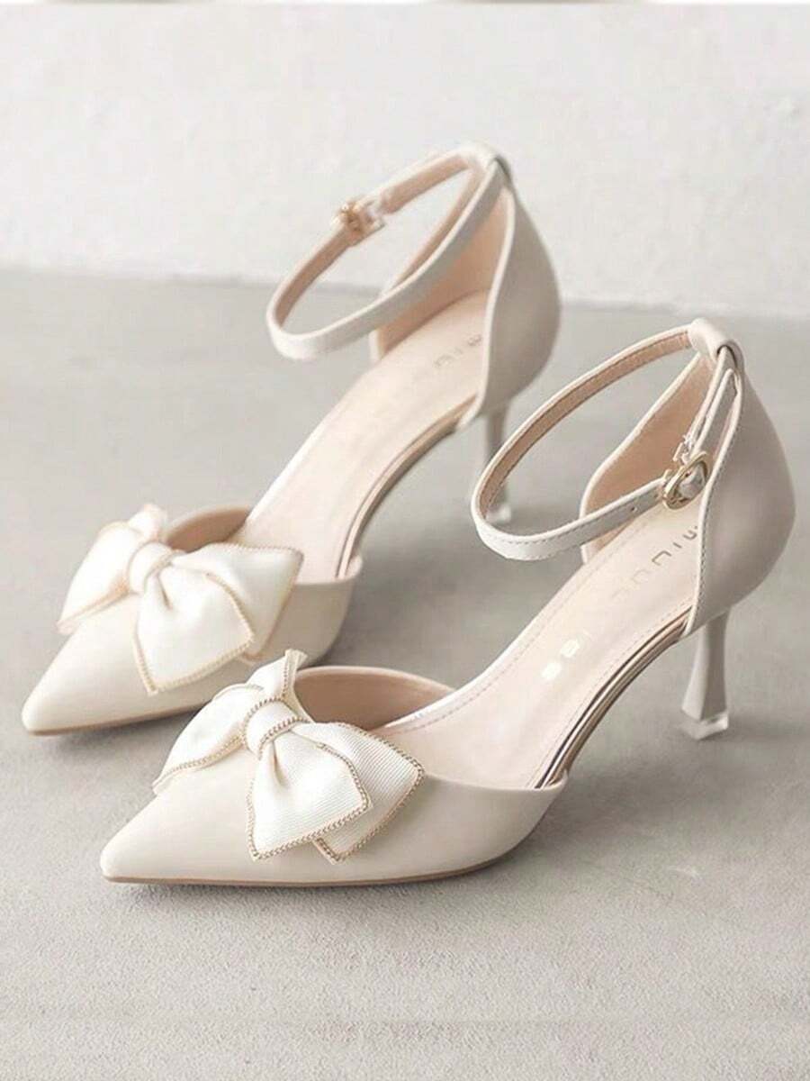 Tacones altos de mujer, zapatos de punta de mujer, tacones de aguja con cordones - Beis - Ver 1