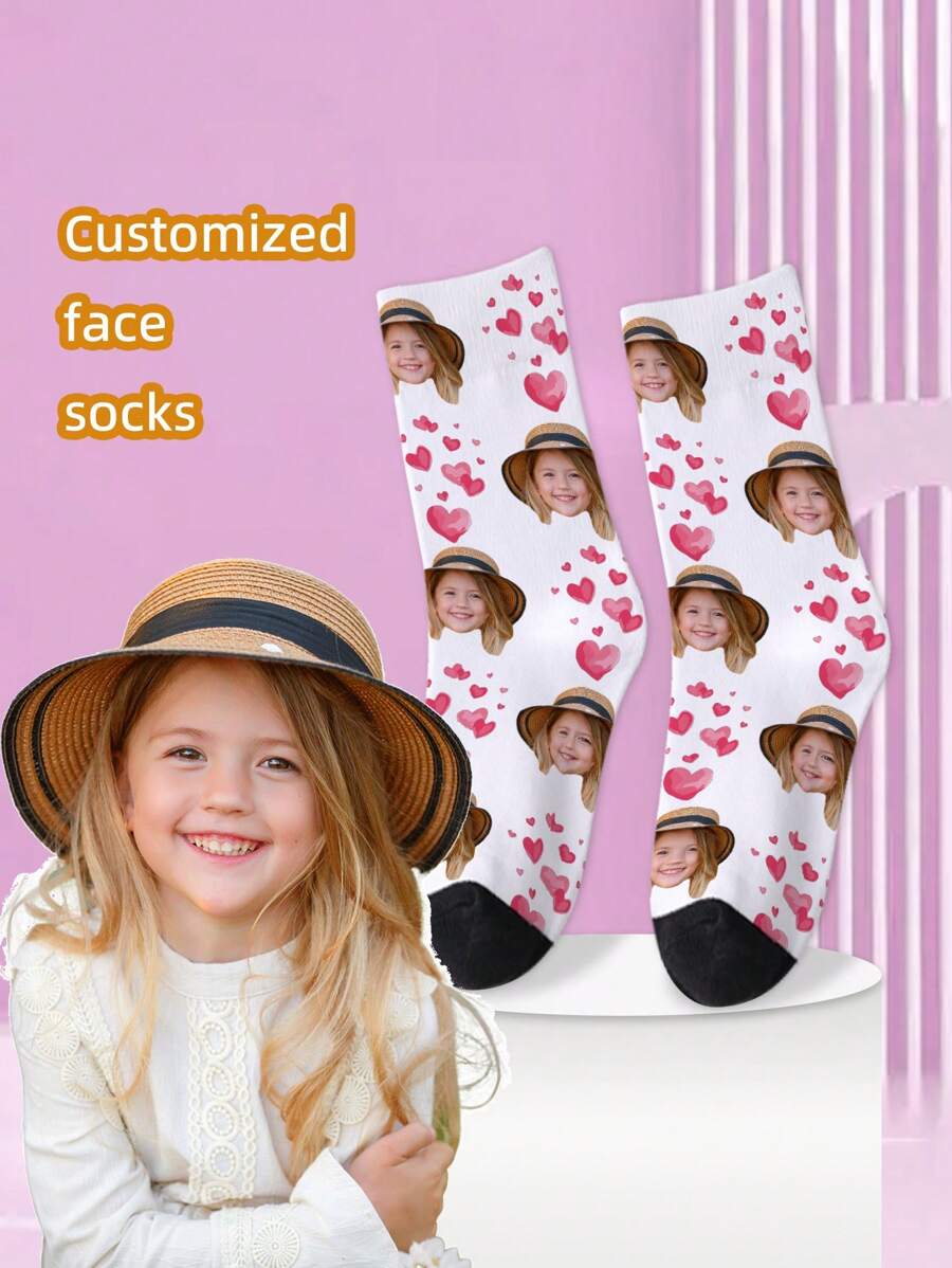 1 Pair Custom Face Print Crew Socks, Personalized Socks With Photo For Kids, Teens, Boys & Girls, Interesting Customized Graphic Mid-Calf Length Socks, Suitable For Daily Wear, Holidays, Birthdays And Other Occasions - Multicolor - View 1