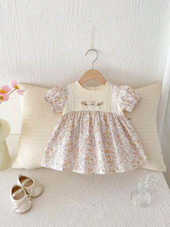 1 件装女宝宝夏季户外休闲刺绣短袖公主裙