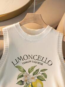 Spring And Summer New Round Neck Women Vest Lemon Pattern Print ,White Summer T Shirts,Simple Stylish,Suitable For Commuting,Summer Women Tops - White - View 3