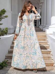 [优雅花卉印花阿巴亚连衣裙] 长袖 V 领优雅花卉印花阿巴亚连衣裙 - 水钻细节，宽松版型，适合女性 - 非常适合春夏季节，端庄