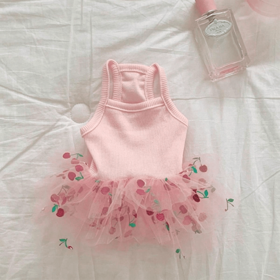 1pc Knitted Mesh Patchwork Pet Dog Princess Dress, Elegant Pink Cherry Print Camisole Dress For Small Dogs