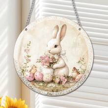 1 Piękny Biały Królik Trzymający Kwiaty Otoczony Pisankami, 2D Akrylowa Dekoracyjna Wisiorka Z Elementami Wielkanocnymi, Modna I Elegancka, Jest Drzwiami I Ścianą Wisząca, Okna I Ogrodowe Dekoracje Zewnętrzne, Dekoracje Na Codzienne Spotkania Świąteczne, Najlepszy Prezent Dla Rodziny I Przyjaciół