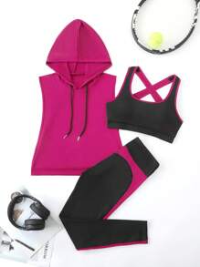 بذلة رياضية نسائية من قطعتين (خزانة ملابس علوية بسحاب وبرقبة كابوشون، وسراويل طويلة) مصنوعة من قماش مرن عالي الجودة، بألوان صلبة مع حمالة رياضية بتصميم متباين - متعدد الألوان - مشاهدة 1