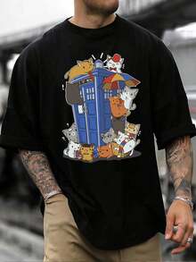 Divertido patrón de doctor gato y caja de policía - Camiseta de manga corta de algodón estampada para hombre 220gsm - Negro - Ver 1