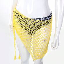 Women's Swimwear Triangle Wrap, Fishnet Solid Color Shells Swimsuit Skirt Bikini Cover-Up Shawl, Summer Beach Cover Up Holiday Streetwear Summer Fall Birthday Gifts - 黃色 - 查看 2