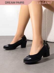 Women's  Chunky Low Block Pumps Closed Toe Shoes Comfortable Elegant Work Office Heels Round Toe Dress Shoes - màu đen - Xem 2