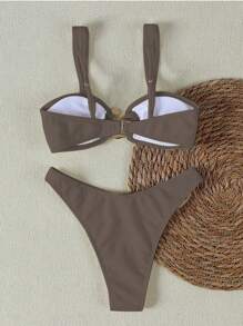 New Arrival Spring/Summer European And American Style Women's Solid Color Khaki Metal Decor Sexy Bikini Swimsuit Set, Suitable For Beach, Party, Date - Khaki - View 3