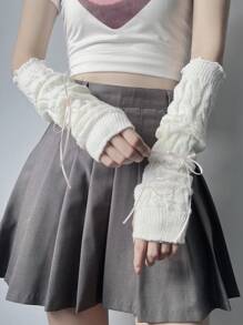 1 Pair Girls Ballet Style Arm Warmers, Autumn/Winter Fingerless Gloves Knitted Arm Sleeves With Criss-Cross Ribbon Tassel Decor, White Fingerless Gloves Arm Sleeves, Black Knitted Gloves, Y2K Streetwear Style - 251# - View 3