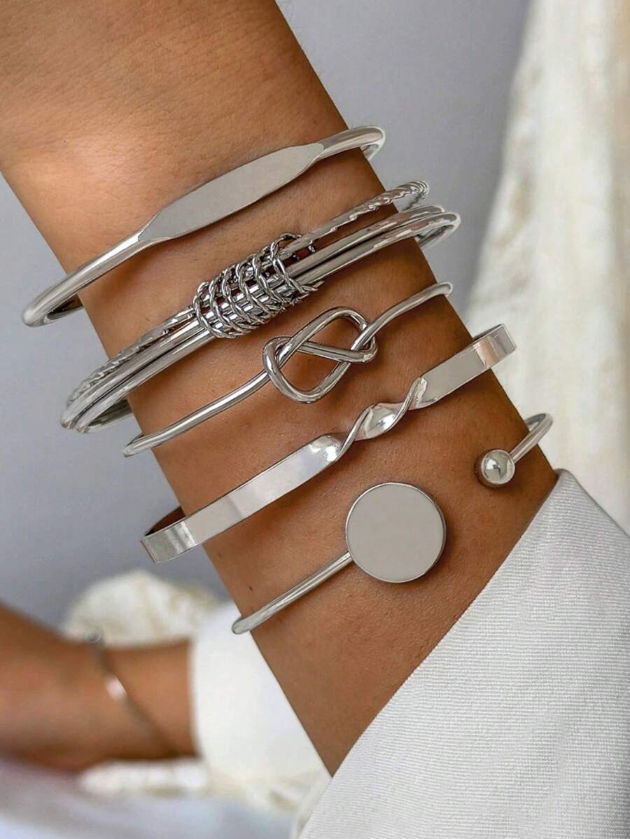 5pcs/Set Gelang Bangle Lebar Bergaya Vintage, Gelang Manset Asimetris Emas Halus Cocok Sebagai Hadiah Untuk Anak Perempuan, Teman - Perak - View 1