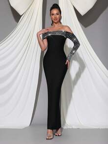 Modphy New Sexy Regular Shoulder One Shoulder Long Sleeve Heavily Embellished Luxurious Rhinestone Bodycon Maxi Bandage Dress, Elegant For Wedding, Holiday, Birthday Party, Christmas, Women's Formal Evening Gown