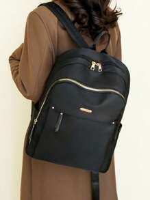 Kvinnors mångsidiga enfärgade Casual Ryggsäck, Mode Stor kapacitet Preppy vattentät skolväska för mellanstadie- och gymnasieelever, Bärbara väskor med flera fack för utomhusbruk, resor och affärspendling - Svart - Visa 3