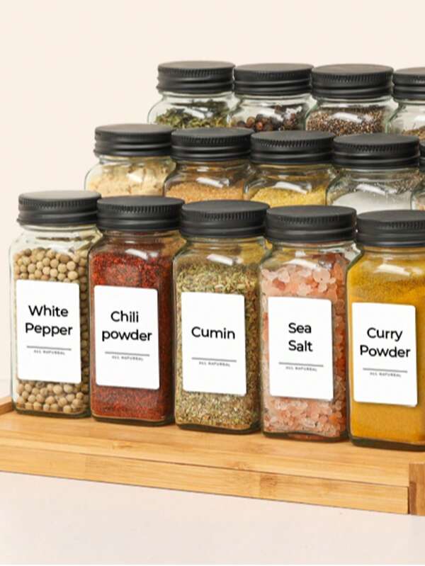 COSANSY NEW 12PCS 24PCS Spice Jars With Labels Glass Spice Jars With Black Metal Caps, 4oz Empty Spice Containers With Lids Square Seasoning Bottles For Spice Rack, Drawer, Cabinet