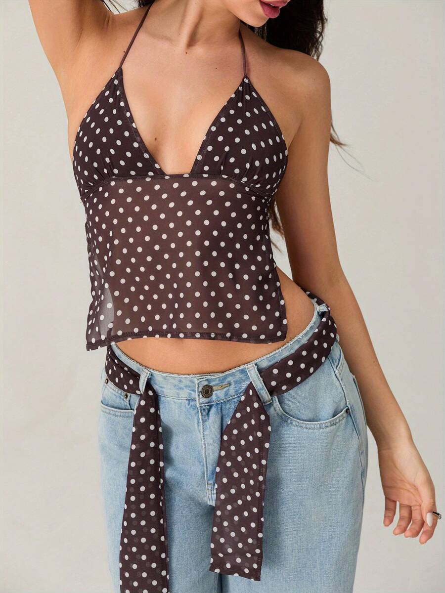 Womens Halter Neck Tops Sleeveless Tie Backless Dots Print Slim Fit Cami Tops Summer Shirts - Màu nâu - Xem 1