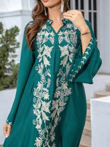 Plus Size Muslim Middle East Long Robe Dress, Abaya Embroidery Sequin Robe, Dubai Women Robe - Green - View 5