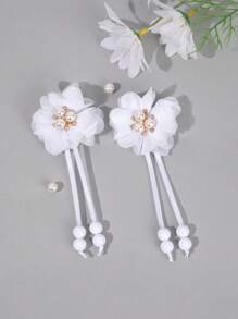 2个白色花朵发夹，珍珠装饰长尾发夹，时尚鳄鱼夹发饰，女孩礼物 - 白色 - 查看 2