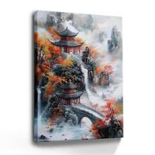 1pc Framed Canvas Wall Art Poster Printing Abstract Digital Realism A Chinese Landscape With A Bridge Wall Art For Living Room Bedroom Bathroom Kitchen Apartment Hotel, Artful Home Decoration - Framed, Vertical - Framed Canvas - View 1