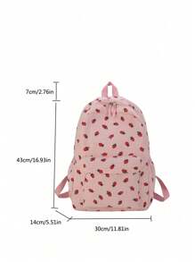 1 件草莓印花休闲轻便可折叠涤纶背包，带多个口袋，拉链开合，适合青少年、大学生、女性、日常通勤、购物、旅行、返校、毕业礼物