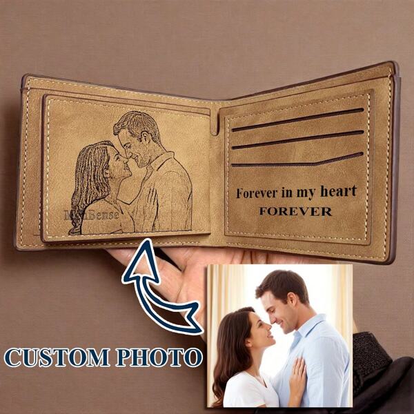 1 Pc Personalized Men's Short Wallet, Custom Engraved Photo And Text On The Inside Of The Wallet, PU Faux Leather Wallet, Money Holder, Dad Wallet, Anniversary Gifts, Birthday Gift For Dad, Wedding Gift Middle School Students, High School Senior High School Students, College Students, University Students, Freshman, Sophomore, Underclassmen