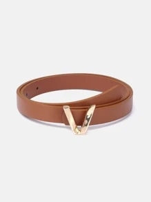 1pc Solid Color Casual Polyurethane (PU) Ladies Decorative Belt With Letter Buckle, Suitable For Everyday Wear