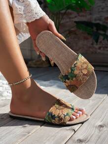 Women's Asymmetrical Floral Embroidery Peep Toe Strap Beach Sandals, Comfortable Flat Bohemian Slides, Summer - Brown Flowers - View 2