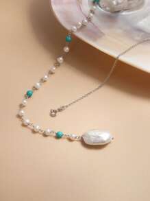 1pc 925 Sterling Silver Natural Pearl & Turquoise Women Necklace, Long Sweater Chain - White - View 3
