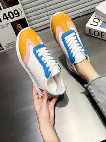 Women's Contrast Lace-Up Casual Sneakers, Lightweight And Comfortable Outdoor Flat Shoes, Low-Top Breathable Fitness And Sports Casual Shoes
