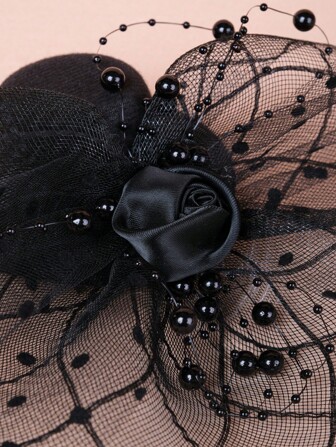 1 pièce Petit chapeau noir pour fille avec voile en filet de perles noires et décoration de fleurs, convient pour le Ramadan ou l'Aïd al-Adha