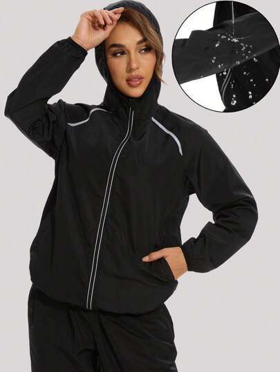 女士防水连帽雨衣，轻便户外雨衣，带拉链口袋，适合徒步旅行