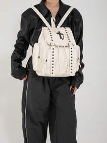 Original Handmade Y2K Soft Leather Subculture Backpack With Dark Cross Chain, Commute Bag, School Backpack - White - View 3