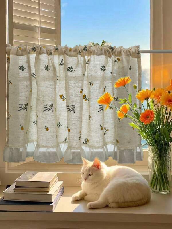 1 pieza Cenefa de ventana bordada con espigas de trigo rústicas con encaje, pequeña cortina de red para café, decoración del hogar