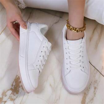 New Women Thick Sole White Sneakers, Breathable Versatile Casual Trainers, Ins Style Fashion Sports Shoes For Students