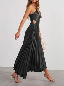 Vestido elegante de mujer de unicolor sin mangas con pliegues y vuelo, vestido de fiesta para cóctel