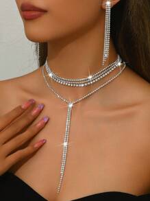 1 pièce Collier long en forme de Y luxueux avec strass + 1 paire de boucles d'oreilles à franges, ensemble de bijoux de mode convenant aux femmes, idéal pour le mariage, les fêtes et le port quotidien